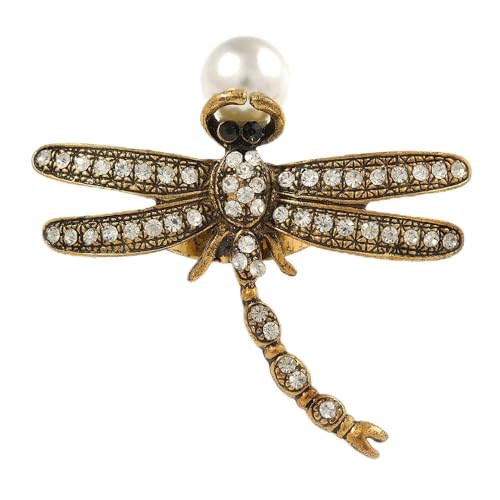Bague libellule cristal d'inspiration vintage et perle finition or antique