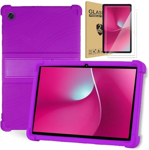 zukof Funda para tablet T-Mobile REVVL Tab 2 de 10.1 pulgadas 2025 con 2 protectores de pantalla de cristal, silicona suave con funda ajustable (morado)