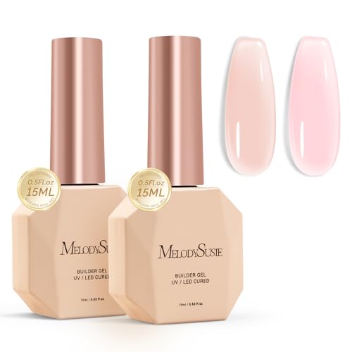 MelodySusie 2PCS 15ML Nude and Pink Builder Gel Set for Nails Thickening Soak Off UV Extension Gel Rhinestone Glue in a Bottle for Nail Art Design Gift for Women DIY Manicure at Home