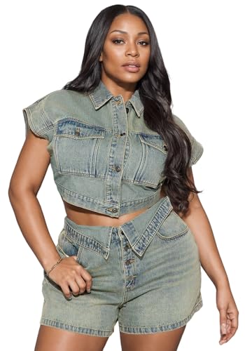 Tbahhir Women Trendy Denim Short Sets,2 Piece Jean Outfits for