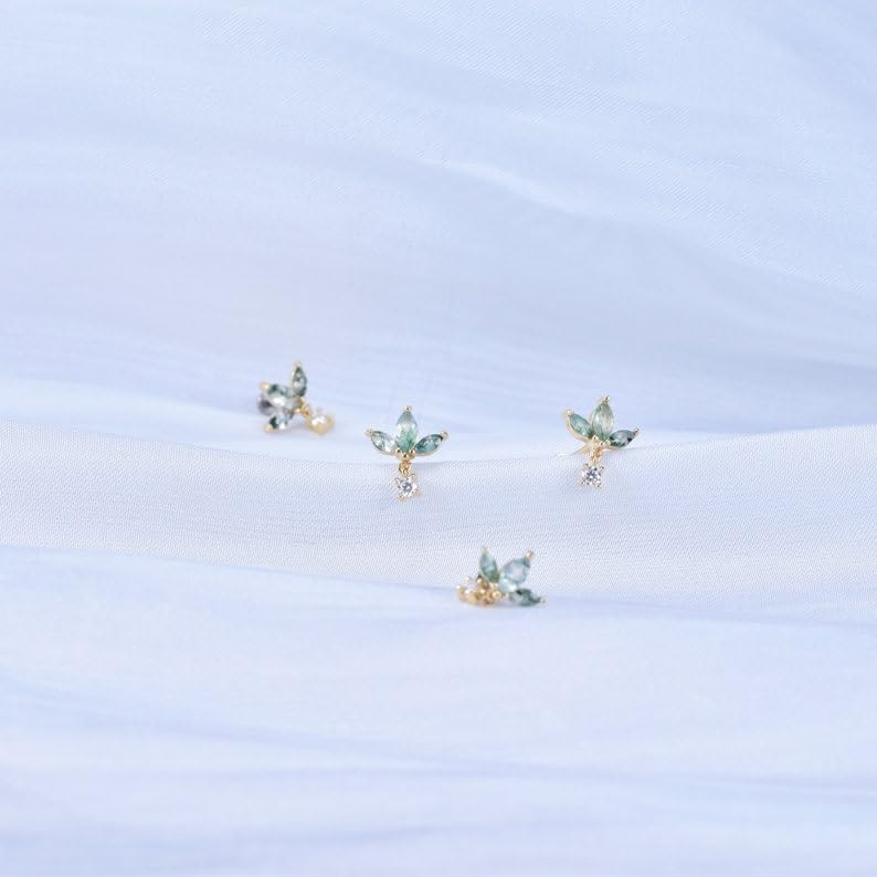 Moss Agate Marquise Stud, Sterling Silver Fan Shaped Green Stud Earring, Solid Silver Jewelry, Push Back Stud, Handmade Jewelry, Women Stud Earring