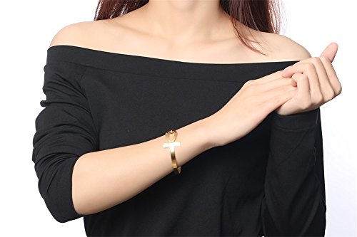 Hisatan Stainless Steel Egyptian Ankh Cross Key of Life Open Cuff Bangle Bracelet for Women3