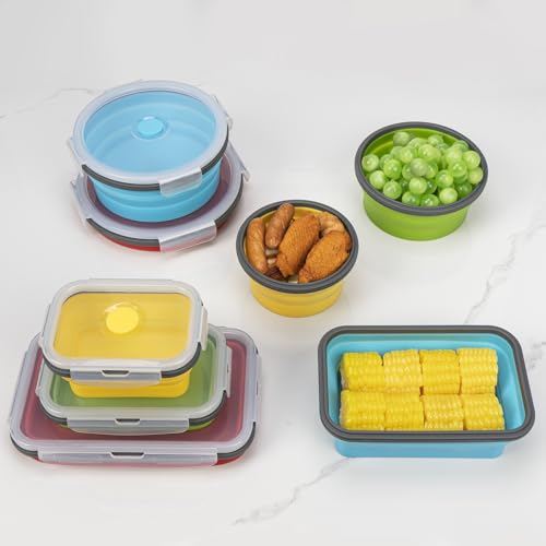 Collapsible Food Storage Containers with Lid & Air Vent, 8 Pack, 4 Rectangular + 4 Round, Annaklin Foldable Silicone Lunch Containers Collapsible Bowls Set, Microwave Freezer Dishwasher Safe, 4 Colors - Image 8