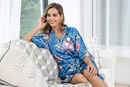 Aibrou Women's Floral Satin Robe Short Silk Bridesmaid Bathrobe Dressing Gown Wedding Kimono Sleepwear Lake Blue - Thumbnail 6