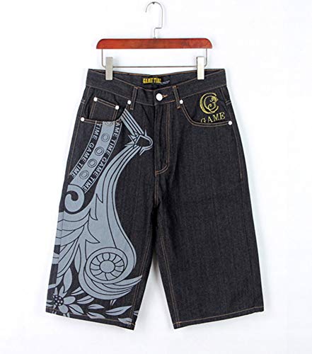 Qbo Men's Rhino Hip-Hop Embroidery Loose Denim Short Baggy Jeans-36 #TOP4