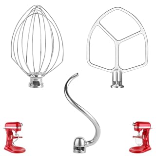 Stainless Steel 3 Piece kit Attachments，Dough Hook 6 Wire Whisk Flat Beater Compatible with KitchenAid 5 Plus -6QT Mixer，Bowl Lift Stand Mixer Accessory，Rust Resistant，Dishwasher Safe