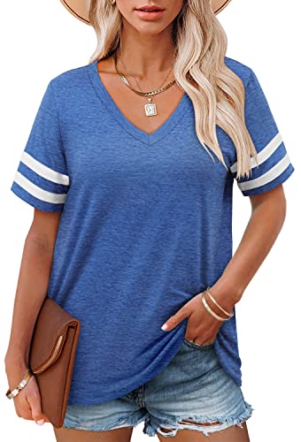 Womens V Neck T Shirts Loose Fit Summer Tops Casual Short Sleeve Blue Shirts Baseball Tees M