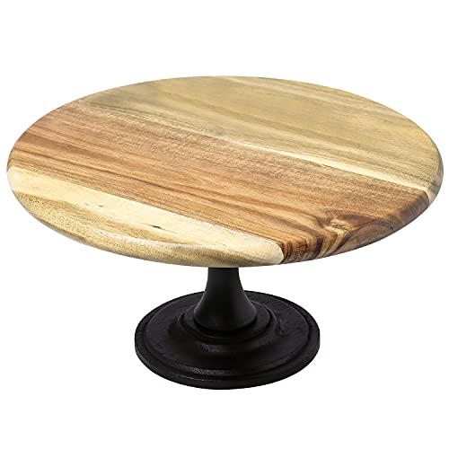 Mygift 11 Inch Natural Acacia Solid Wood Round Cake Stand, Dessert Cupcake Display Server Platter With Black Footed Turned Pedestal Base #TOP29