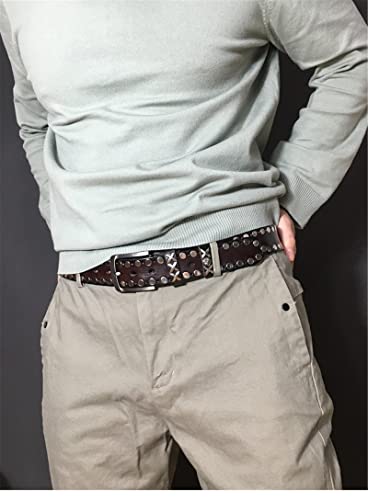 Stylish Mens Studded Casual Cowhide Leather Belts for Jeans Punk Rock Rivets Belt with Buckle for Men,Brown,115CM/45.3''2