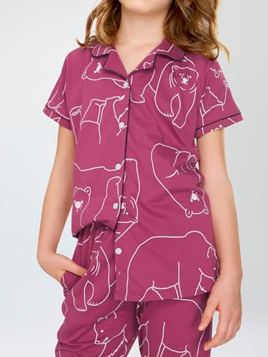 Image of ZEYO Night Suit for Girl's Polar Bear Printed Cotton Night Dress of Shirt and Pajama Set 5533