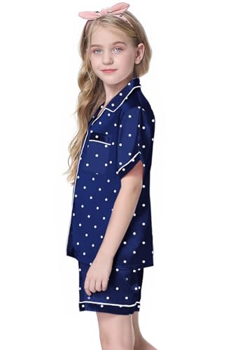 Image of Schbbbta Girls Womens Pajamas, Satin Silky Pjs Set Kids 2Pcs Button-Down Nightwear Sleepwear Gift for Mommy and me
