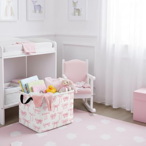 Image of Rectangular Kids Basket Baby Girl Basket Fabric Storage Bin Organizer Box Room Decor(Beautiful Bowknot)