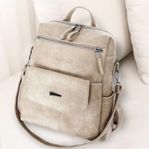 Image of WYFJNX PU Leather Backpack Purse for Women Fashion Multipurpose Design Handbag Ladies Shoulder Bags Travel Backpack Beige