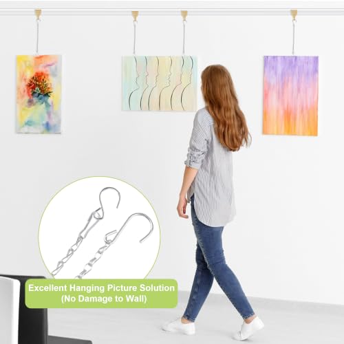 Image of Picture Hanging Kit-10Pcs Frame Rail Hooks with 10Pcs Chains, Metal Rail Hanging Hooks Art Display Hanging System for Wall Picture, Exhibition(Silver-B)