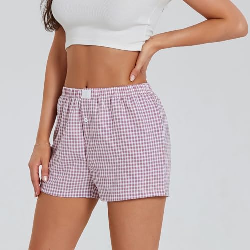 Image of Women Y2k Gingham Boxer Shorts Plaid Striped Cute Mini Bloomers Elastic Waist Loose Fit Summer Shorts