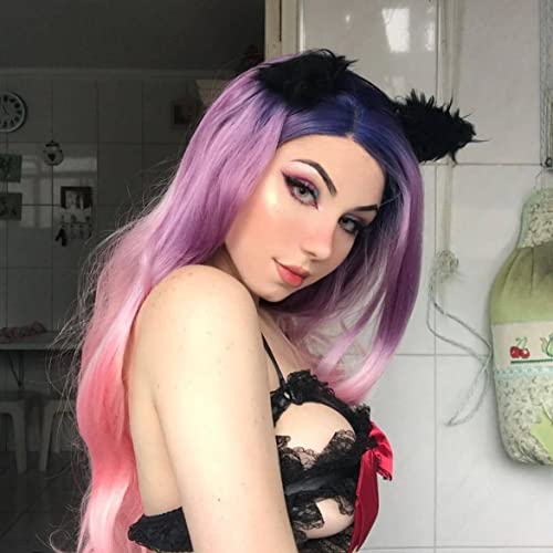 Perruque arc-en-ciel pour femme look festival bleu violet ombré