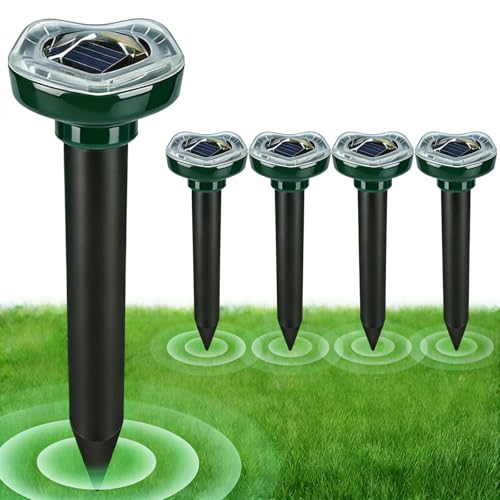 Mole Repellent Solar Powered Ultrasonic Deterrent for Yard Lawn and Garden Repels Snake Rabbit Gopher Chipmunk Vole Skunk Deer Raccoon & Armadillo IP65 Waterproof Outdoor(4 Pack)