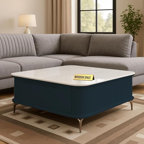 Image of WOODEN SPACE Premium Solo Marble-Top Wooden Center Table for Living Room | Iron Legs | PVD Coating | Modern Entryway Furniture | Coffee Table (Royal Blue)