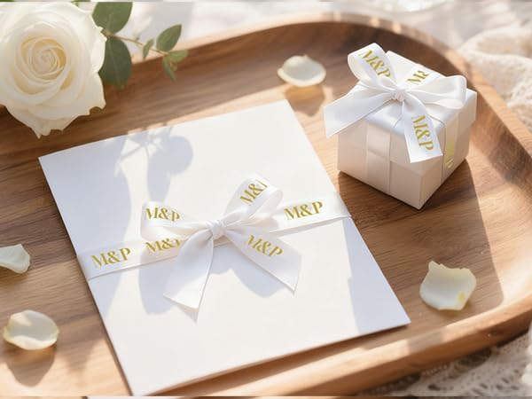 Phomemo A30 P15 Exclusive Embellish Gold Print on White Satin Ribbon, Fabric Ribbons for Gift Wrapping, Wedding Bouquets, DIY Crafts, Valentine's Day, Party Decor, 12mm x 5m, 2 Packs - Image 2