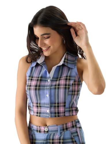 Image of The Souled Store Lilac Blossom Women and Girls Sleeveless Collared Neck Slim Fit Checkered Cotton Cropped Tops