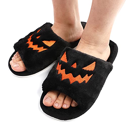 TITTOK Spooky Slides Halloween Slippers Jack O Lantern Pumpkin Soft Plush Cozy Open Toe Indoor Outdoor Fuzzy Slippers Gifts For Girls Women Girlfriend Men4