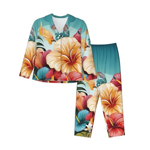 NSDdefAWCGT Conjunto de pijama clásico de manga larga con botones para mujer, ropa de dormir tropical para verano, suave, color negro