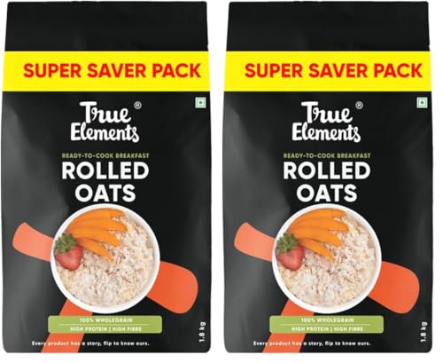 Image of True Elements - Rolled Oats| 100% Natural Ingredients | Healthy Breakfast Cereal | High In Protein And Fiber - 1.8 Kg (Pack of 2)