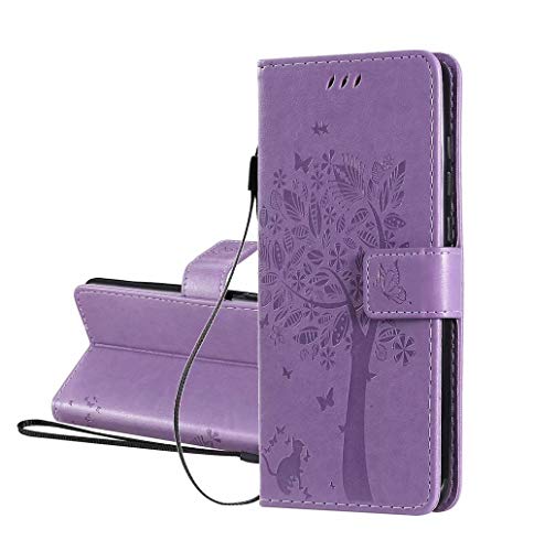 GOGME Funda para LG K22 Billetera, Diseño de Patrón de Hojas en Relieve Bastante Retro Funda de Cuero, Ultrafino Estuche Protectora para LG K22, Lavanda