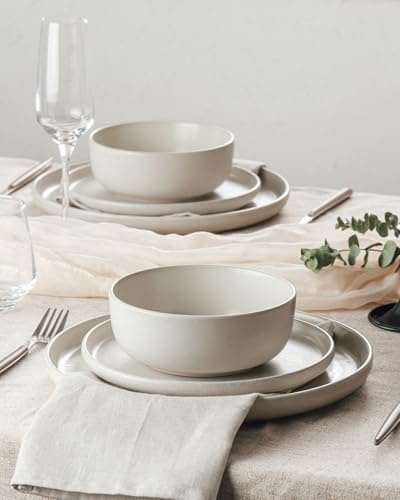 Image of Famiware Milkyway Stoneware Dinnerware Sets with Mugs, Service for 6 (24 Pieces), Reactive Glaze Plates and Bowls Sets, Microwave and Dishwasher Safe Dishes Set, Matte Beige White