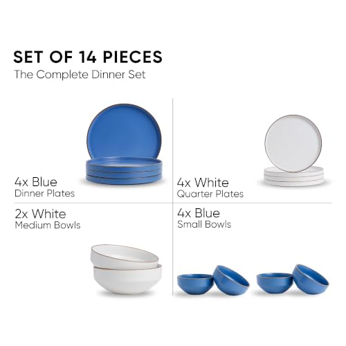 Image of Shay Modern Ceramic Dinner Set, 14 Pcs, Blue White | Crockery Set for Gifting & Dining| Premium Ceramic Dinner Set | Matte Finish (Japandi Dinner Set - Blue White, 14 Piece)