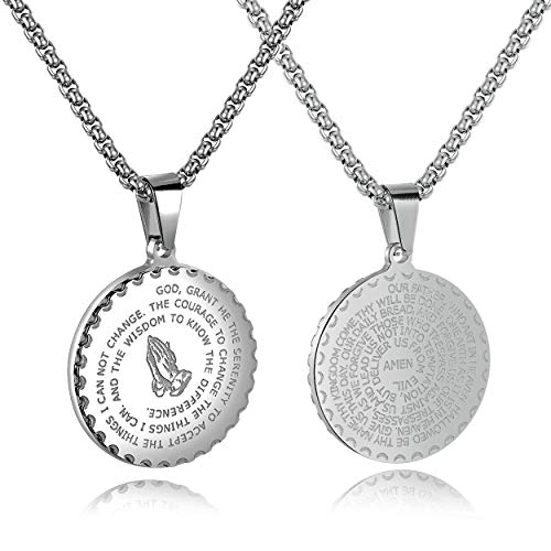 Rehoboth Stainless Steel Coin Medal Our Father Lord's Prayer Cross Pendant Necklace for Women Men Prayer Hands Coin Medal Pendant 24