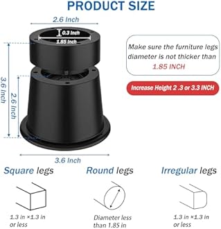 Round Bed Risers 3 inch Heavy Duty,Elevation in Heights 2 or 3 Inch Circle Furniture Risers for Chair Table and Desk Legs Lifting，Adjustable Bed Lifts Risers(Pack of 4 Riser,Black)