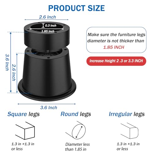Round Bed Risers 3 inch Heavy Duty,Elevation in Heights 2 or 3 Inch Circle Furniture Risers for Chair Table and Desk Legs Lifting，Adjustable Bed Lifts Risers(Pack of 4 Riser,Black)