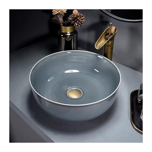 Lavabo de cerámica para baño redondo gris antisalpicaduras con diseño liso de 42 cm 7