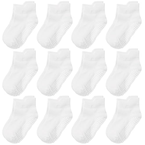 Hikyskin Non Slip Toddler Socks 12 Pairs Infant Baby Kids Grip Socks for Boy Girls Tphon Anti Skid Ankle Socks for 1-7 Year Children