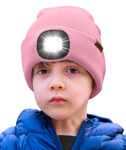 ATNKE Kids LED Lighted Beanie Hat,USB Rechargeable 4 LED Running Headlamp Ultra Bright Cap with Light Hands Free Head Torch Winter Warm Knit Beany Great Gifts for Boys and Girls/Pink
