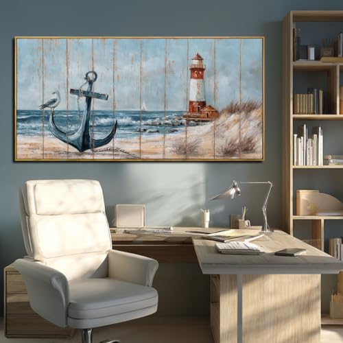 Image of VAYIMDH Lighthouse Canvas Prints Wall Art,Ocean Landscape Coastal Beach View Wall Decor,Modern Blue Artwork Bird Pictures for Home Office Bedroom Decor 24 inchx48 inch