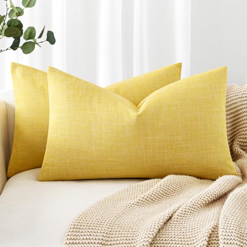MIULEE Pack of 2 Decorative Linen Burlap Textured Pillow Covers Farmhouse Boho Accent Lumbar Pillowcases Spring Home Decor for Couch Sofa Bedroom Living Room 12x20 Inch Yellow