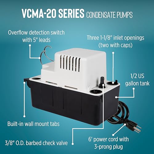 Image of Little Giant VCMA-20ULS 115 Volt, 80 GPH, 1 /30 HP Automatic Condensate Removal Pump for HVAC /Refrigeration Systems /Dehumidifiers with Overflow Detection Switch and 6-Foot Cord, White /Black, 554425