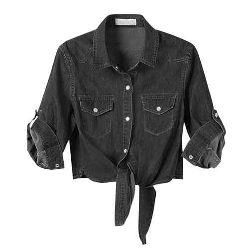 Women's Denim Shirt 3/4 Sleeve Tie Front Top Knot Chambray Cardigan Button Shirt Jean Crop Top Jacket for Women Black S