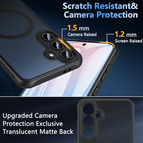 Image of OWKEY for Samsung Galaxy S24 FE Case 6.7'', Magnetic Galaxy S24 FE Case for Magsafe with Tempered Screen Protector [Shockproof Military] Translucent Matte Bumper Phone Cover Samsung S24 FE 5G, Black