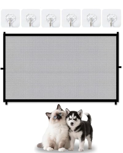 JUKOTA Barriera di Sicurezza Estensibile,Cancelletto Portatile Pieghevole in Rete per Cani,Cancelletto di sicurezza per bambini,Con 6 ganci adesivi,Non è richiesta alcuna perforazione(110 x 72 cm)