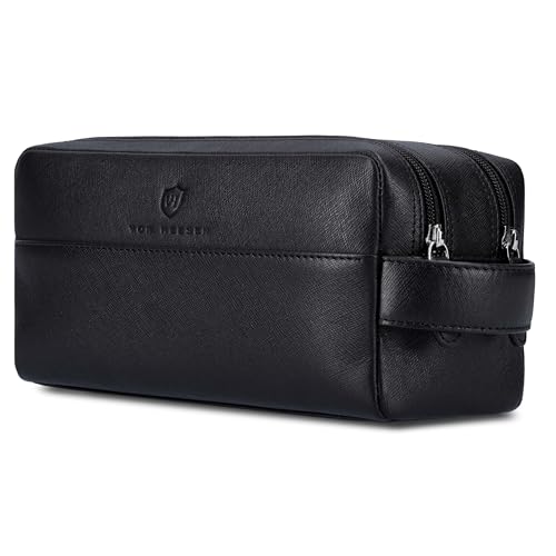 VON HEESEN Kulturbeutel Leder Kulturtasche für Herren & Damen - Echtleder Necessaire ideal zum Reisen - Waschtasche und Kosmetiktasche mit Zwei Hauptfächern Schwarz (Saffiano)