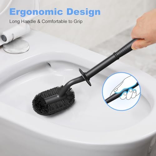 HAMITOR Toilet Bowl Brush Holder Set: Curved Design with Holder for Deep Cleaning Under Rim - Compact Hidden Cleaner Scrubber for Small Space - Home RV Bathroom Accessories - Black 2 Pack - 5