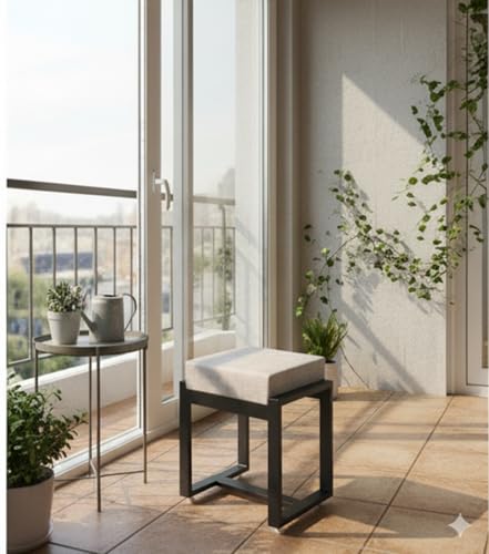 Image of Metal Single Seater Stool with Cushion for Living Room | Heavy Duty Iron Frame with Powder Coating | Comfortable Seating for Home & Office 14 inchx14 inchx19 inch Inch (Black)