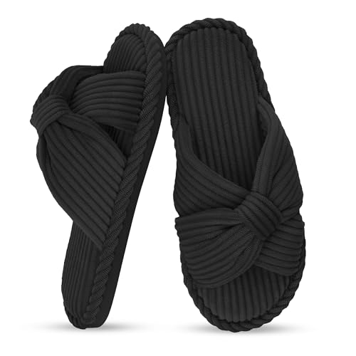 Image of IPSAE House Slippers for Woman Memory Foam Open Toe Slippers Corduroy Cross Bow Womens Slipper Slides Comfy Indoor Bedroom Slip On Shoes
