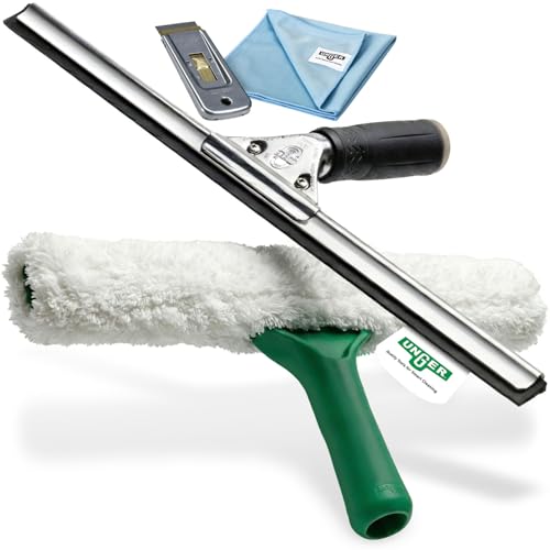 UNGER PRO Fensterreiniger 4in1 Advanced Kit, Pro Fensterputzer Set mit Fensterwischer, Fensterabzieher, Glasschaber, Mikrofasertuch; streifenfreies Fensterputzen und professionelle Glasreinigung