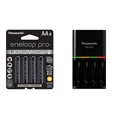 Panasonic BK-3HCCA8BA eneloop pro AA High Capacity Ni-MH Pre-Charged Rechargeable Batteries, 8 Pack & BQ-CC55KSBHA Advanced eneloop pro Rechargeable Battery 4 Hour Quick Charger