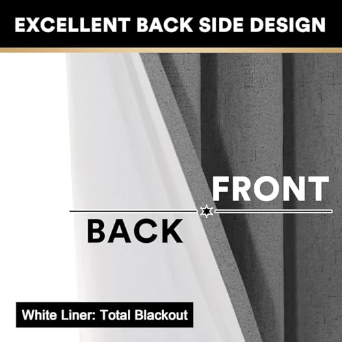 Image of PrinceDeco Blackout Curtains 90 inch Long 2 Panels Set 100% Blackout Curtains for Bedroom Grommet Top Thermal Insulated with White Liners Flax Textured Full Blackout Window Draperies,W52 X L90, Grey