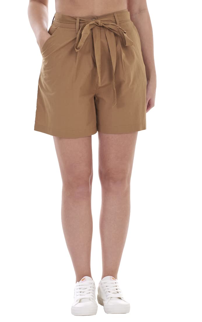 Ladies Pure Cotton Tie Belt Pleated Poplin Shorts Tan